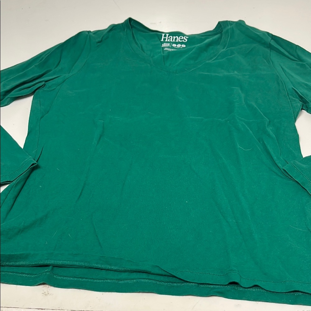 Hanes Large Green Long Sleeve V Neck Classic Fit Basic T Shirt